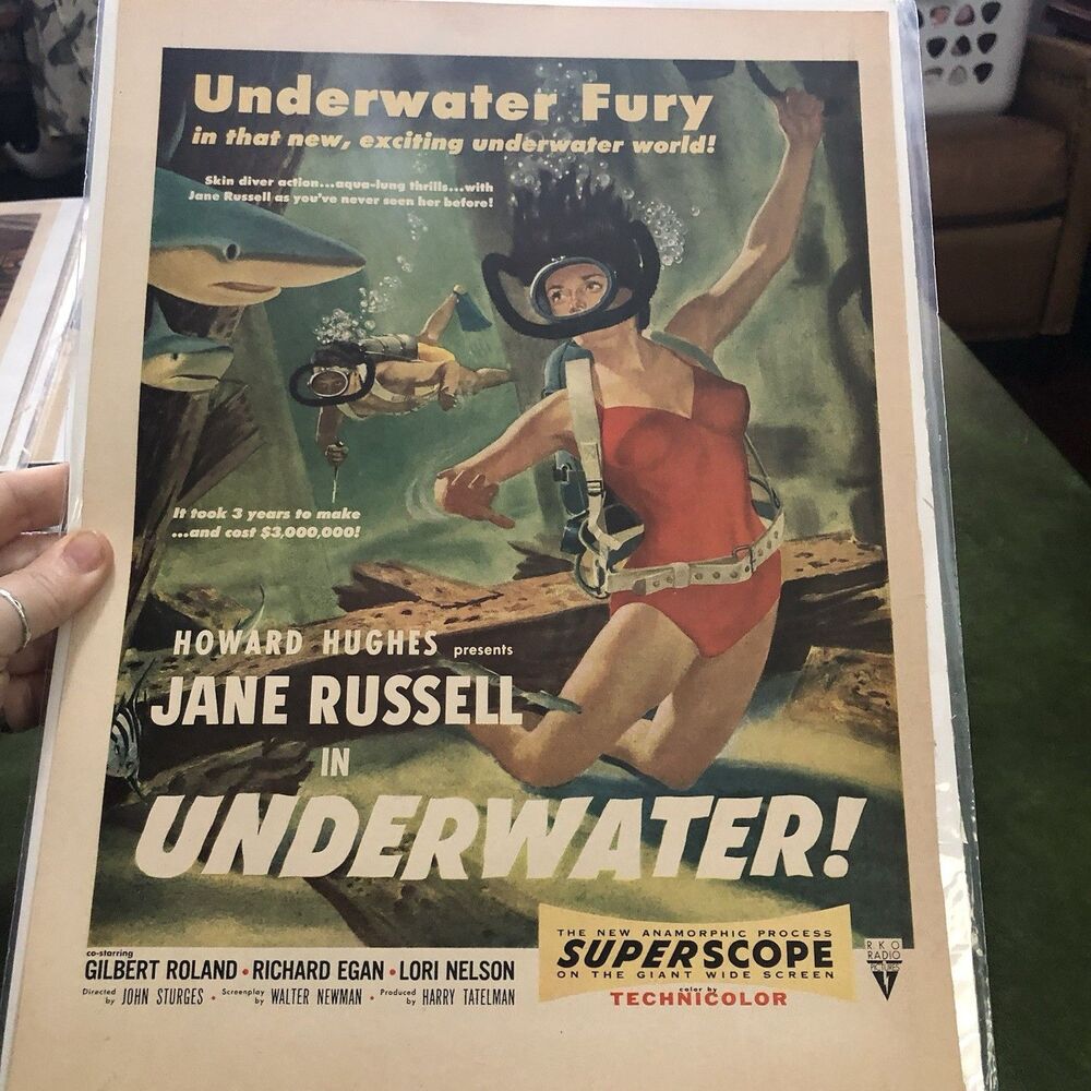 Vintage 50s Double Ad For Jane Russell In Underwater & Swans Down Angel Food 